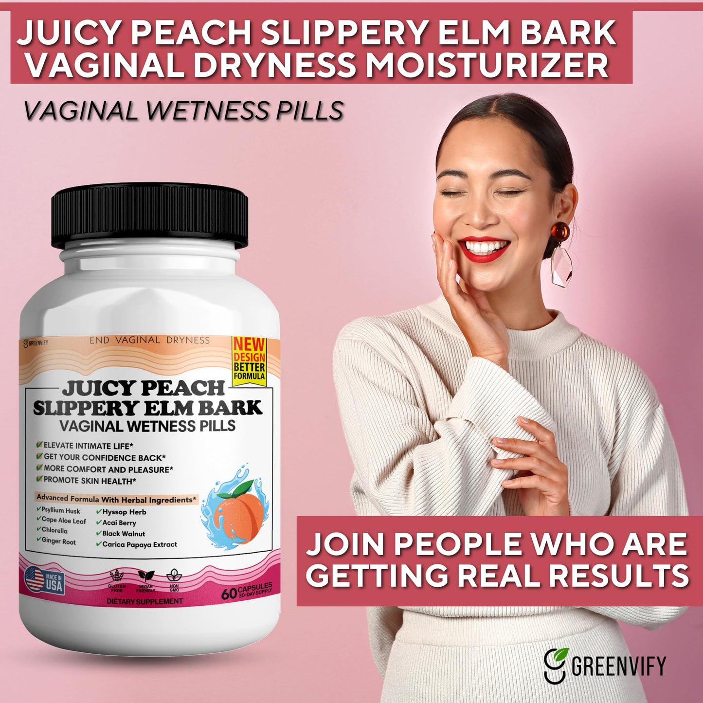 Juicy Peach Slippery Elm Bark Vaginal Dryness Moisturizer, Feminine Care for Women, End Vaginal Dryness with Slippery Elm Bark | Feminine Care for Vaginal Health, Made in USA, 60 Cap