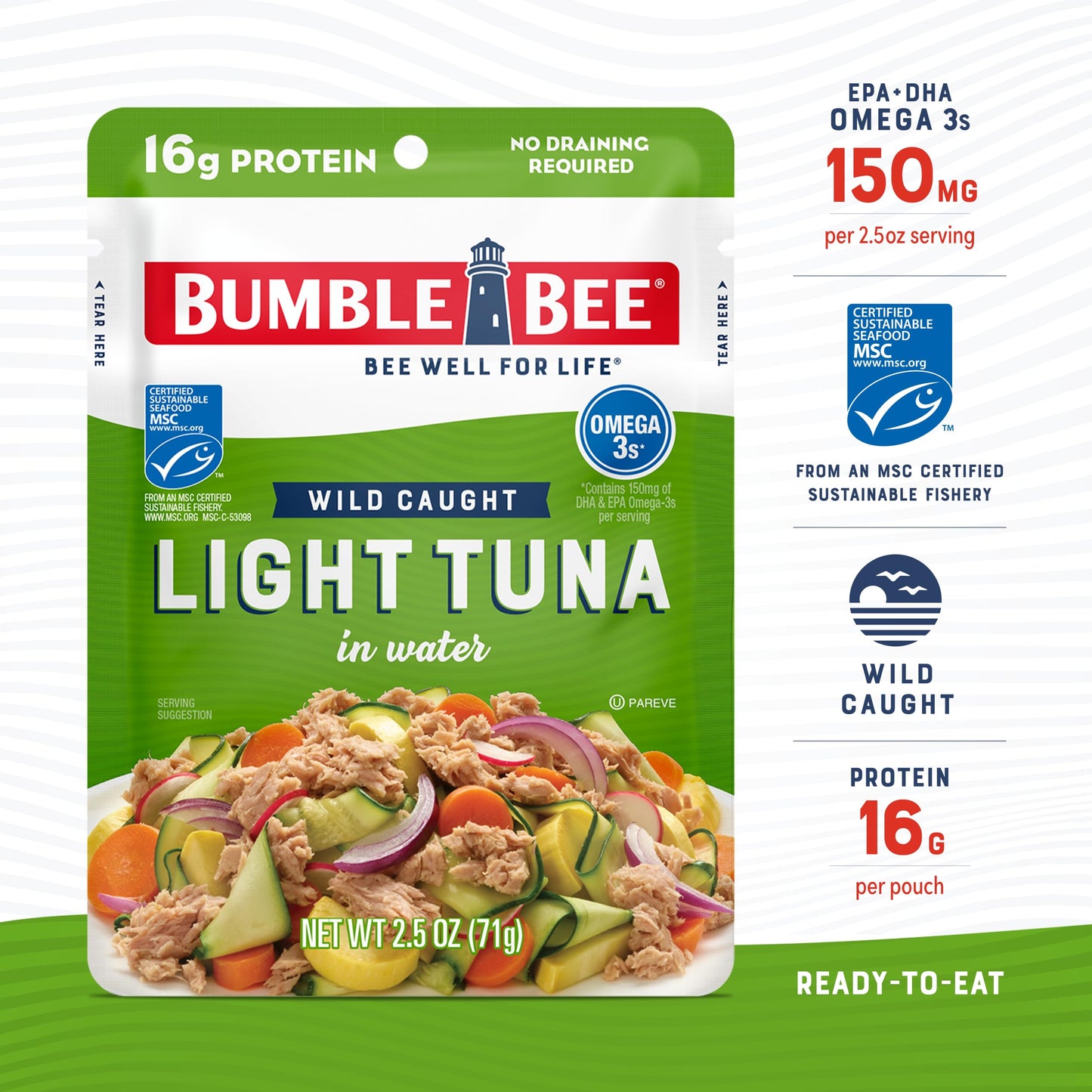Bumble Bee Chunk Light Tuna in Water, 2.5 oz Pouches (Pack of 12) - Ready to Eat Wild Caught Skipjack Tuna Packet - 16g Protein per Serving - MSC Sustainable Seafood, Non-GMO, Gluten Free, Kosher