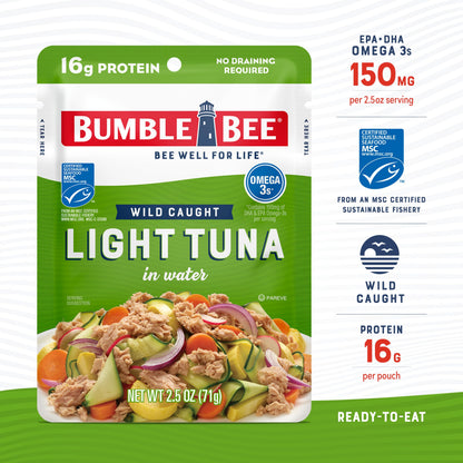 Bumble Bee Chunk Light Tuna in Water, 2.5 oz Pouches (Pack of 12) - Ready to Eat Wild Caught Skipjack Tuna Packet - 16g Protein per Serving - MSC Sustainable Seafood, Non-GMO, Gluten Free, Kosher