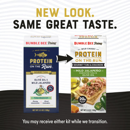 Bumble Bee Prime Protein on the Run Tuna Snack Kit, Pack of 12 - Gourmet Tuna Marinated in Olive Oil & Mild Jalapeno with Crackers and Serving Utensil - 20g of Protein Per Serving, Easy Open Can