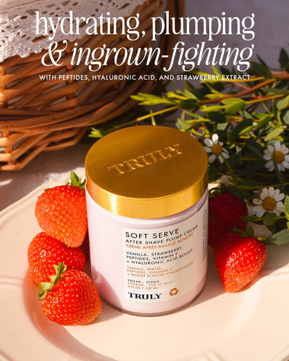 Truly Beauty Soft Serve After Shave Plump Cream | Hydrating & Plumping Cream for Post-Shave Smoothness | With Hyaluronic Acid & Peptides for Firm, Youthful Skin | Strawberry, Vanilla & Amber Scent
