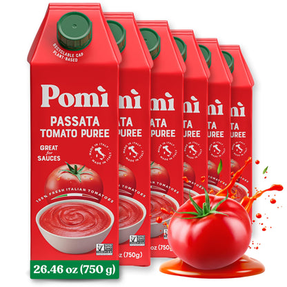 Pomì Tomato Passata 26.46oz (Pack of 6) - Made in Italy - Creamy, Velvety Tomato Puree with Touch of Salt, No Additives or Preservatives - 100% Fresh Italian Tomatoes - BPA-Free, Gluten-Free