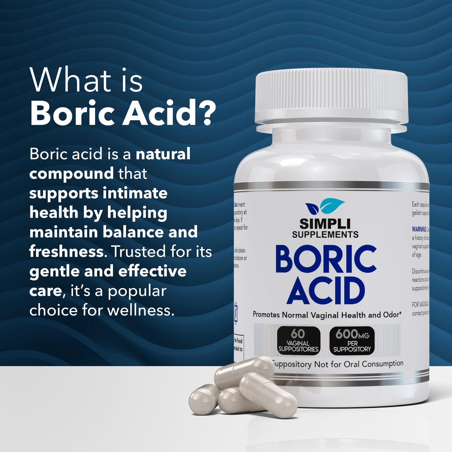 Boric Acid Suppositories for Women 600mg – 60 Count | Vaginal pH Balance Support | Feminine Care | Helps Maintain Freshness & Odor Control