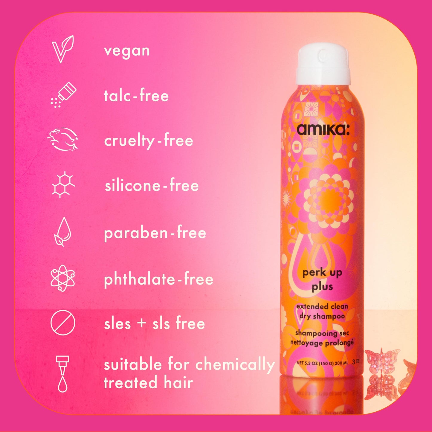 amika perk up plus extended clean dry shampoo | lightweight + buildable, extend time even further between wash days, invisible finish + no white residue, for all hair types