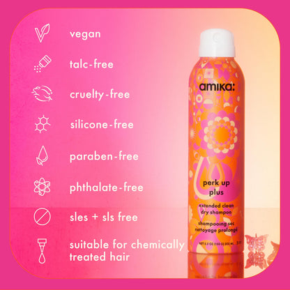 amika perk up plus extended clean dry shampoo | lightweight + buildable, extend time even further between wash days, invisible finish + no white residue, for all hair types