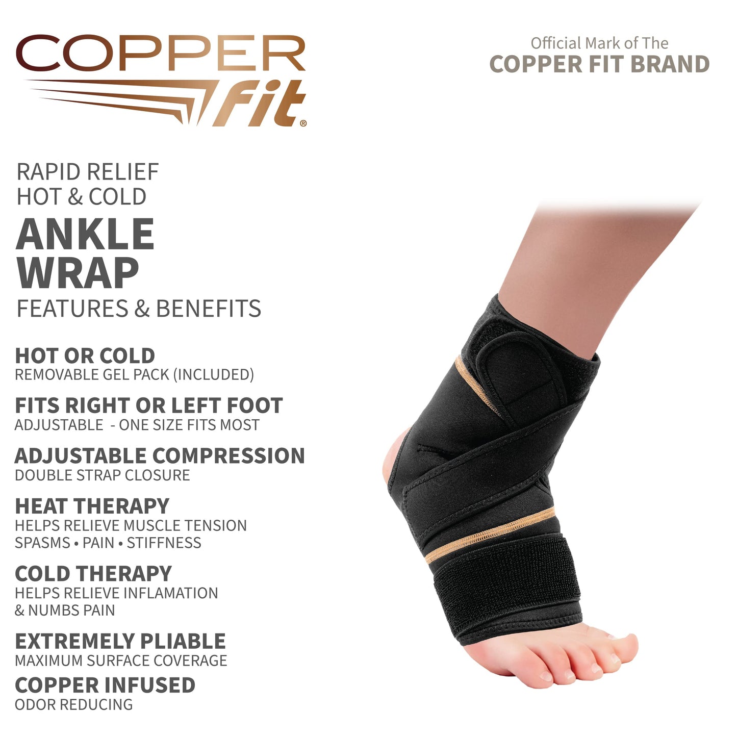Copper Fit unisex adult Rapid Relief & Hot/Cold Ankle Foot Wrap with Hot Cold Pack, Black, One Size Fits Most US