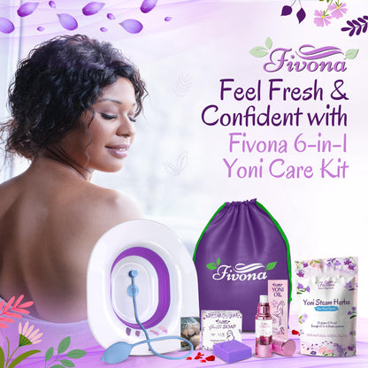 FIVONA Yoni Care Kit 6 in 1 - pH Balanced Natural Yoni Oil, Herbal Soap Bar for Feminine Wash, Detox V Steam Herbs Blue Moon, Foldable Sitz Bath Steam Pot, Hand Flusher and Drawstring Storage Bag