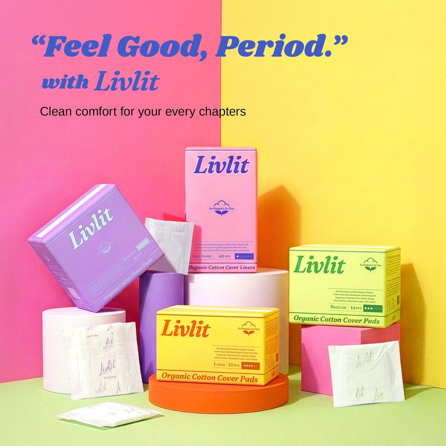 Livlit Organic Cotton Sanitary Pad Bundle – Long Liners 40pcs + Regular Pads 14pcs, Chlorine Free, Unscented, Ultra Absorbent Period Care