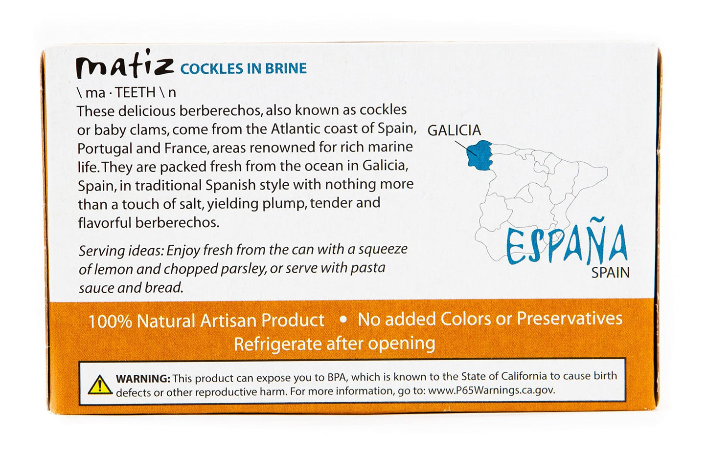 Matiz España Wild Cockles from Galicia, Spain in Natural Sea Salt Brine (4 oz.) Spanish Berberechos, Small Clams, Hand Packed, Size 45/55 (Pack of 1)