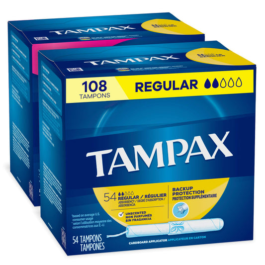 Tampax Tampons, Regular Absorbency, Cardboard Applicator, Leakgaurd Skirt, Unscented, 54 Count X 2 Packs (108 Total Count)