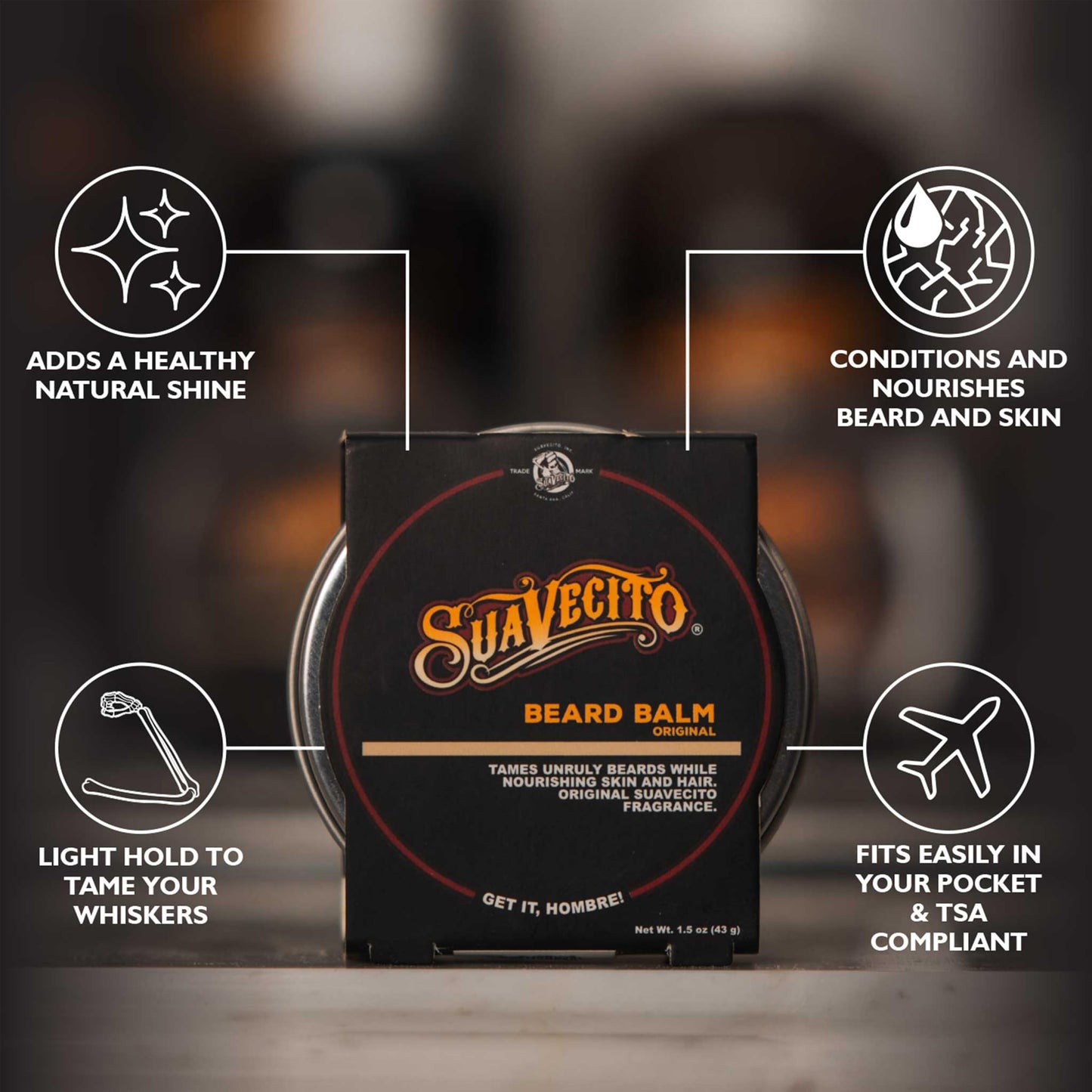 Suavecito Original Scent Beard Balm 1.5 oz Can - No Flaking, Eliminates Dryness & Itchiness - Conditions, Nourishes, Hair & Skin