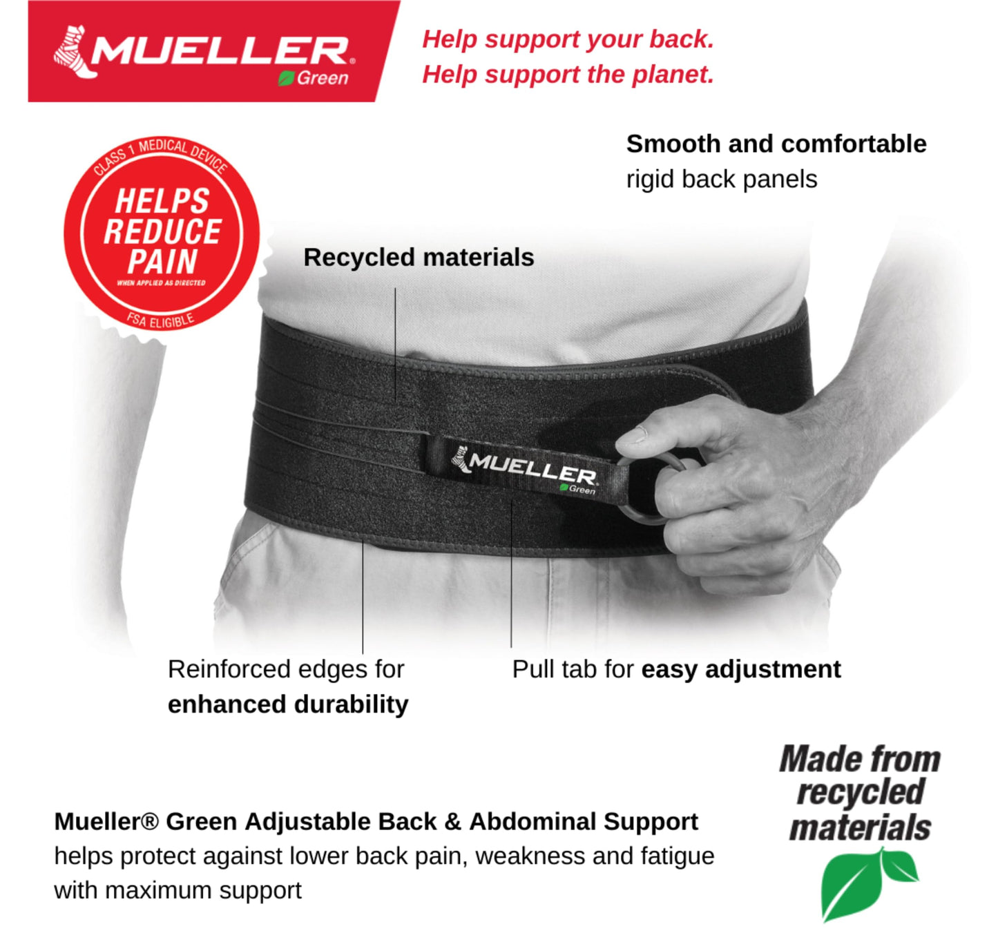 Mueller Sports Medicine Adjustable Back & Abdominal Support, Belt, Back Pain Relief Support for Men and Women, Ideal for Lower Back Pain, Weakness, Fatigue, Black, One Size