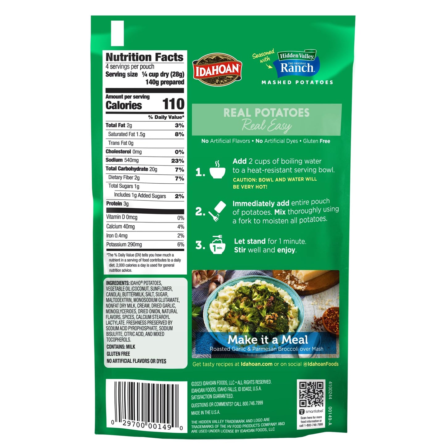 Idahoan Mashed Potatoes Seasoned with Hidden Valley Original Ranch, Naturally Gluten-Free, 100% Real Idaho Potatoes, 4 servings per bag, 4 ounce (Pack of 12)