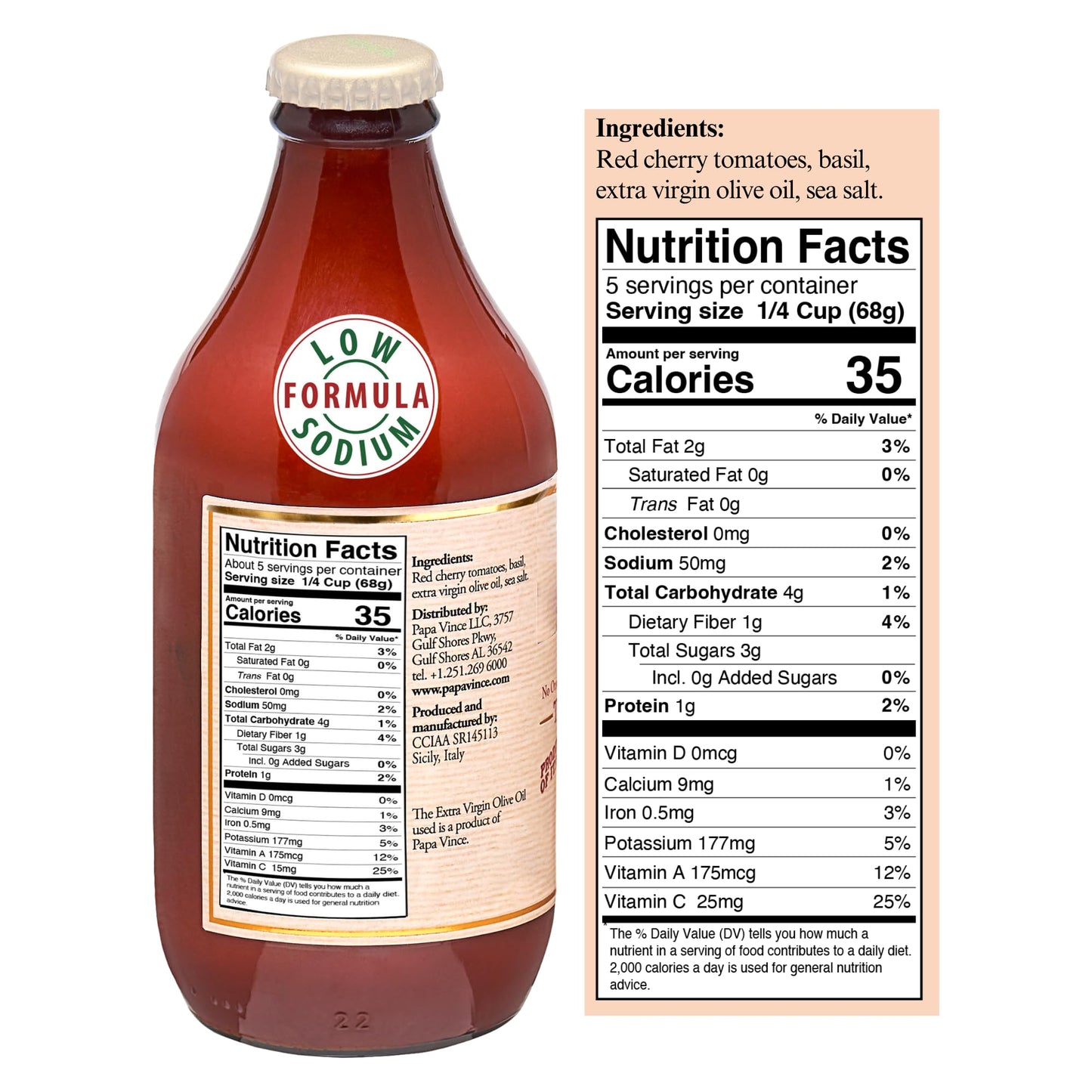 Papa Vince Low Sodium Cherry Tomato Sauce - Made in Italy, 50 mg Sodium per serving, 4-pack, 333g each Glass Jar