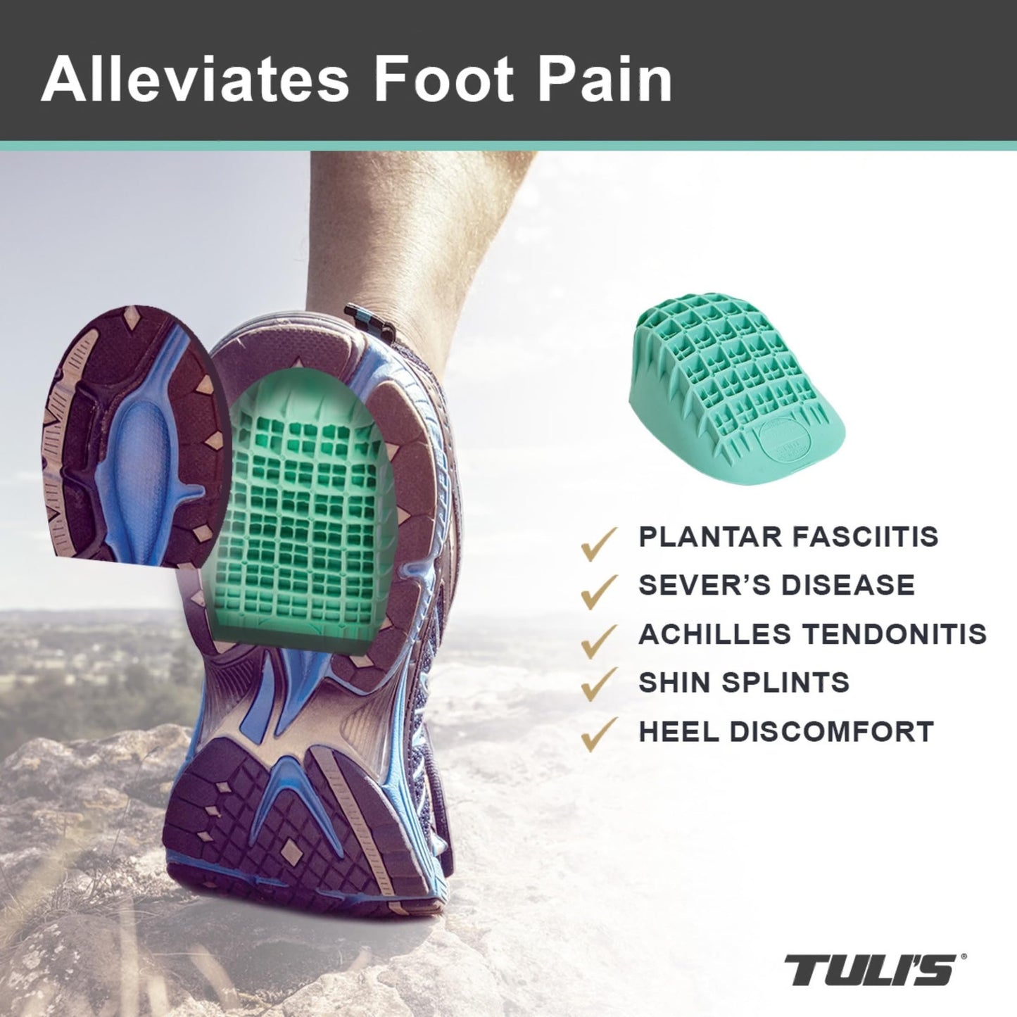 Tuli's Heavy Duty Heel Cups, Shock-Absorbing Cushion Insert for Plantar Fasciitis, Sever’s Disease, and Heel Pain, Green, 1 Pair, Regular