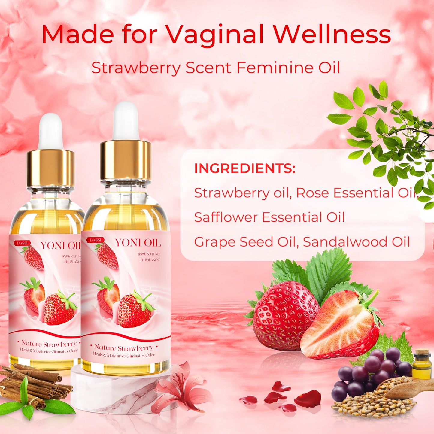 BASSI 2PCS Yoni Oil Organic Feminine Oil Vaginal Moisturizer - Ph Balance for Women - Feminine Deodorant - Eliminates Odor With Strawberry Essential Oil, All Natural Yoni Oil (Strawberry)