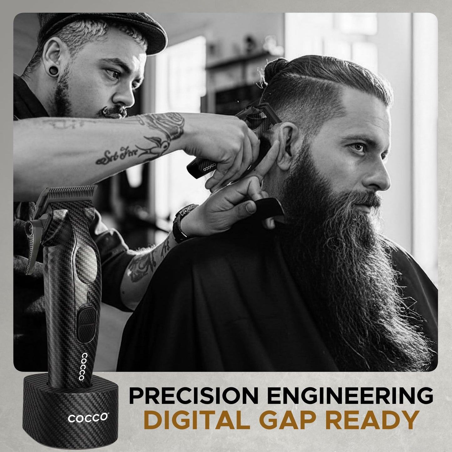 Cocco Hyper Veloce Pro Clipper, Digital Gap Ambassador Graphene Taper Blade Professional Hair Clippers, High-Torque BLDC Motor, All-Metal, Cordless, Charging Station Included (Carbon Fiber)