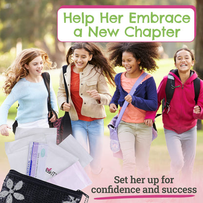 First Period Kit to-Go! - Organic Eco-Friendly Tween Pads & Liner - Period Bags for Teen Girls for School - Period Pouch & Teen Pads for Girls Ages 11-14, Teen Pads for Periods - Pads for Teens Girls