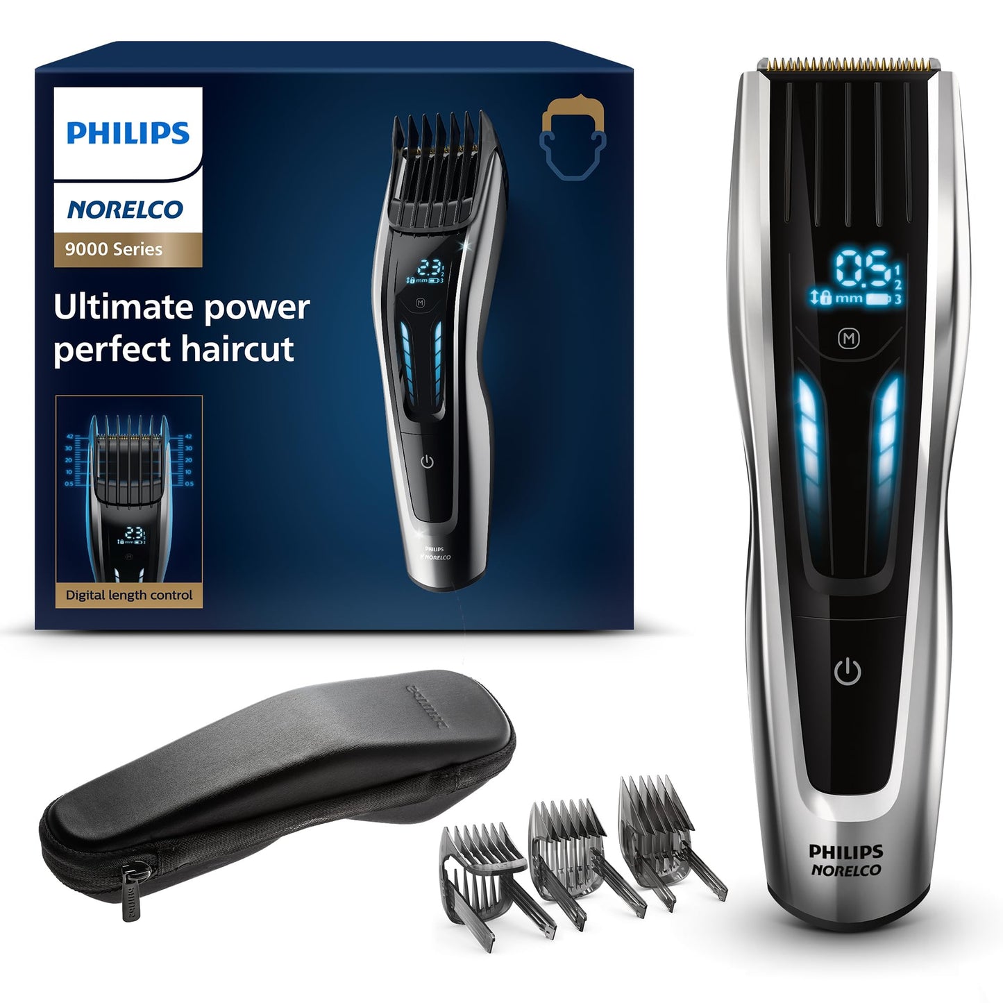Norelco Philips Hair Clipper 9000 Series, Hair Trimmer, Auto Turbo, Dual Cut Technology, Motorized Combs, 400 Length Settings, 120 Min. Runtime, Zero Maintenance, Model HC9450/40