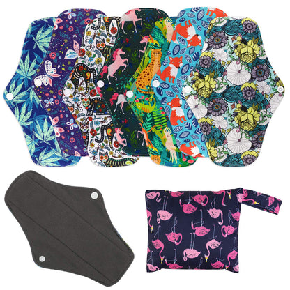 Reusable Menstrual Pads (7 in 1, 25.4cm 4 Layers), Bamboo Cloth Pads for Heavy Flow with Wet Bag, Large Sanitary Pad Set with Wings for Women, Washable Overnight Cloth Panty Liners Period
