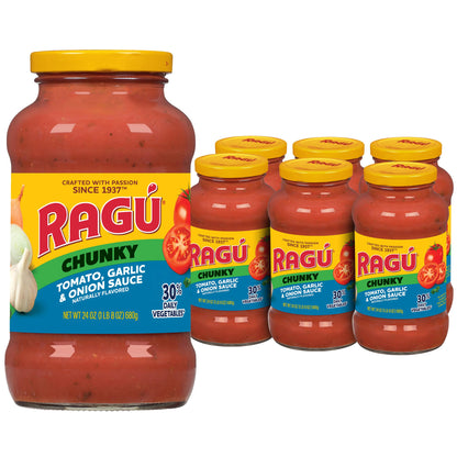 RAGÚ Chunky Tomato, Garlic and Onion Pasta Sauce, Diced Tomatoes, Delicious Garlic and Onions, and Italian Herbs and Spices, 24 oz (Pack of 6)