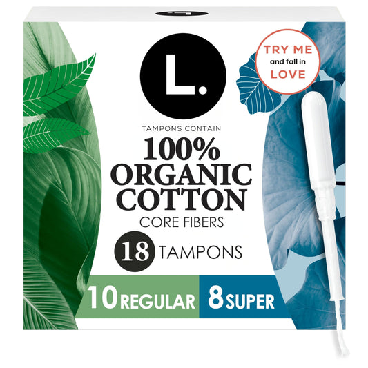 L. Tampons, Made with Organic Cotton, Regular/Super Absorbency, Multipack, Made Without Synthetic Pesticides, Rayon or Fragrances, Applicator Made Without BPA, Leak-Stopping Design, 18 Count