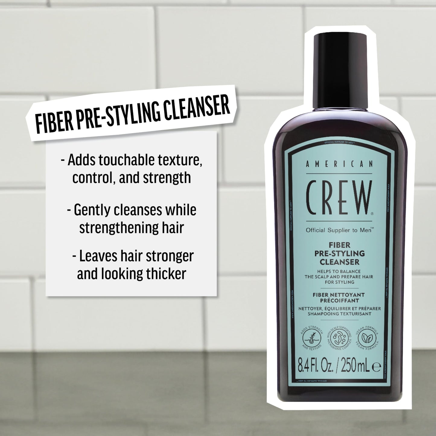 AMERICAN CREW Men's Pre-Styler Fiber Shampoo for Damaged & Fine Hair, Strengthening Shampoo, Adds Thickness & Shine, Vegan, 8.4 fl oz