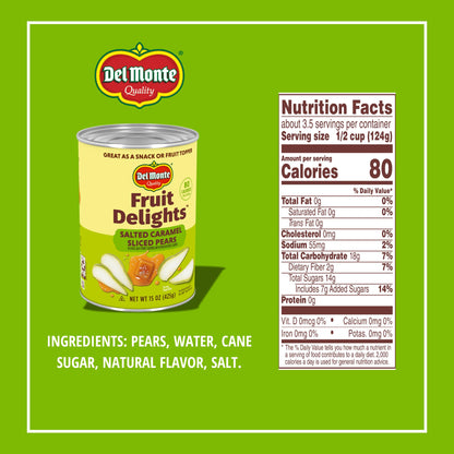 Del Monte Fruit Delights Sliced Pears with Salted Caramel in Extra Light Syrup, 15 oz. Cans, 12 Pack