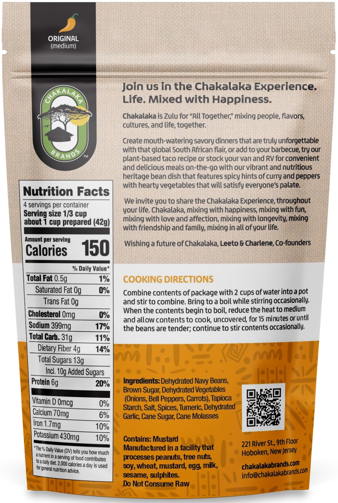 Chakalaka Vegetarian Dried Bean Mix - South African Side Dish with Beans, Vegetables, & Spices – Bold, Strong Flavor, Medium Heat, Original (1 Pk) 6 oz