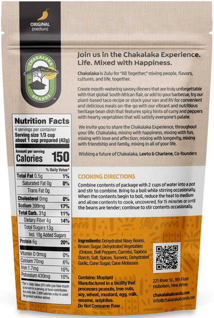 Chakalaka Vegetarian Dried Bean Mix - South African Side Dish with Beans, Vegetables, & Spices – Bold, Strong Flavor, Medium Heat, Original (1 Pk) 6 oz