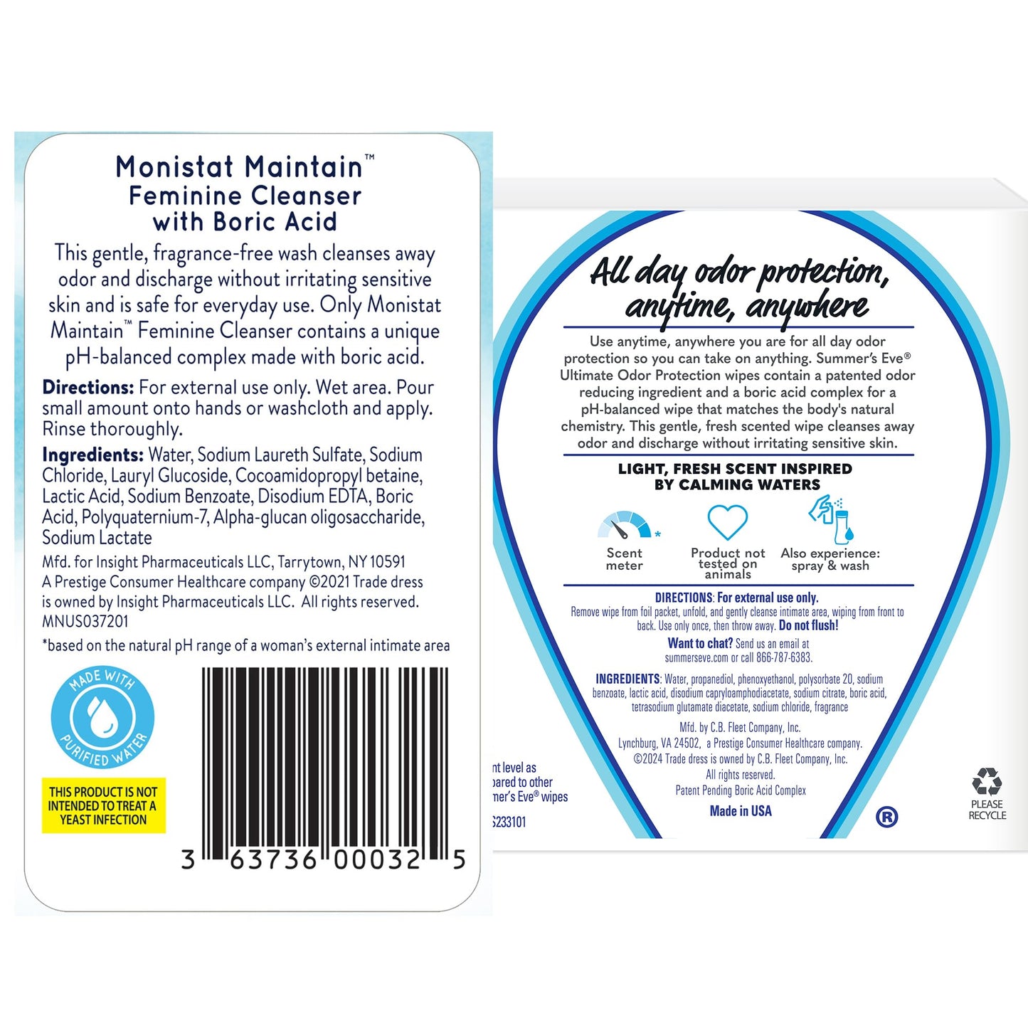 Monistat Feminine Cleanser with Boric Acid, 10 Fl Oz and Summer's Eve pH Balanced Feminine Wipes with Boric Acid, 12 Count