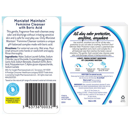 Monistat Feminine Cleanser with Boric Acid, 10 Fl Oz and Summer's Eve pH Balanced Feminine Wipes with Boric Acid, 12 Count