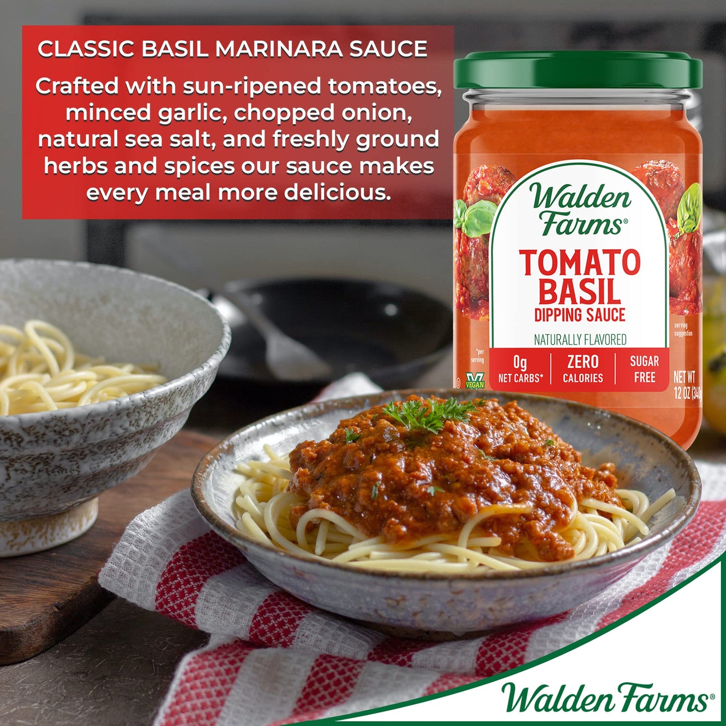 Walden Farms Tomato Basil Pasta Sauce – Zero Calorie, Sugar Free, Keto & No Carb Sauce for Pasta, Veggies & More – 2-Pack, 12 oz Bottles