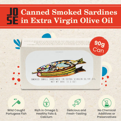 Smoked Small Sardines in Extra Virgin Olive Oil by Jose Gourmet, Wild Caught Portuguese Sardines, Canned Fish in Olive Oil, Omega 3, Fair Trade, 125g Can, Pack of 3