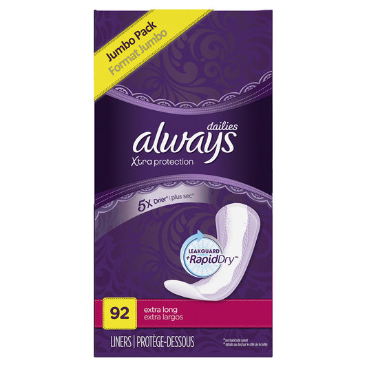 Always Xtra Protection Dailies Extra Long Panty Liners, Unscented, 92 Count