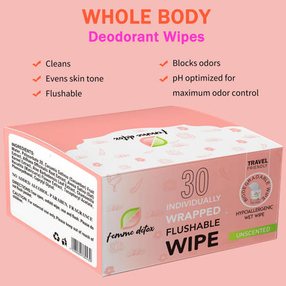 30 Count Flushable Feminine Wipes pH-Balanced & Unscented for Sensitive Skin | Individually Wrapped, Septic-Safe, Aloe-Infused | Travel & Home Use