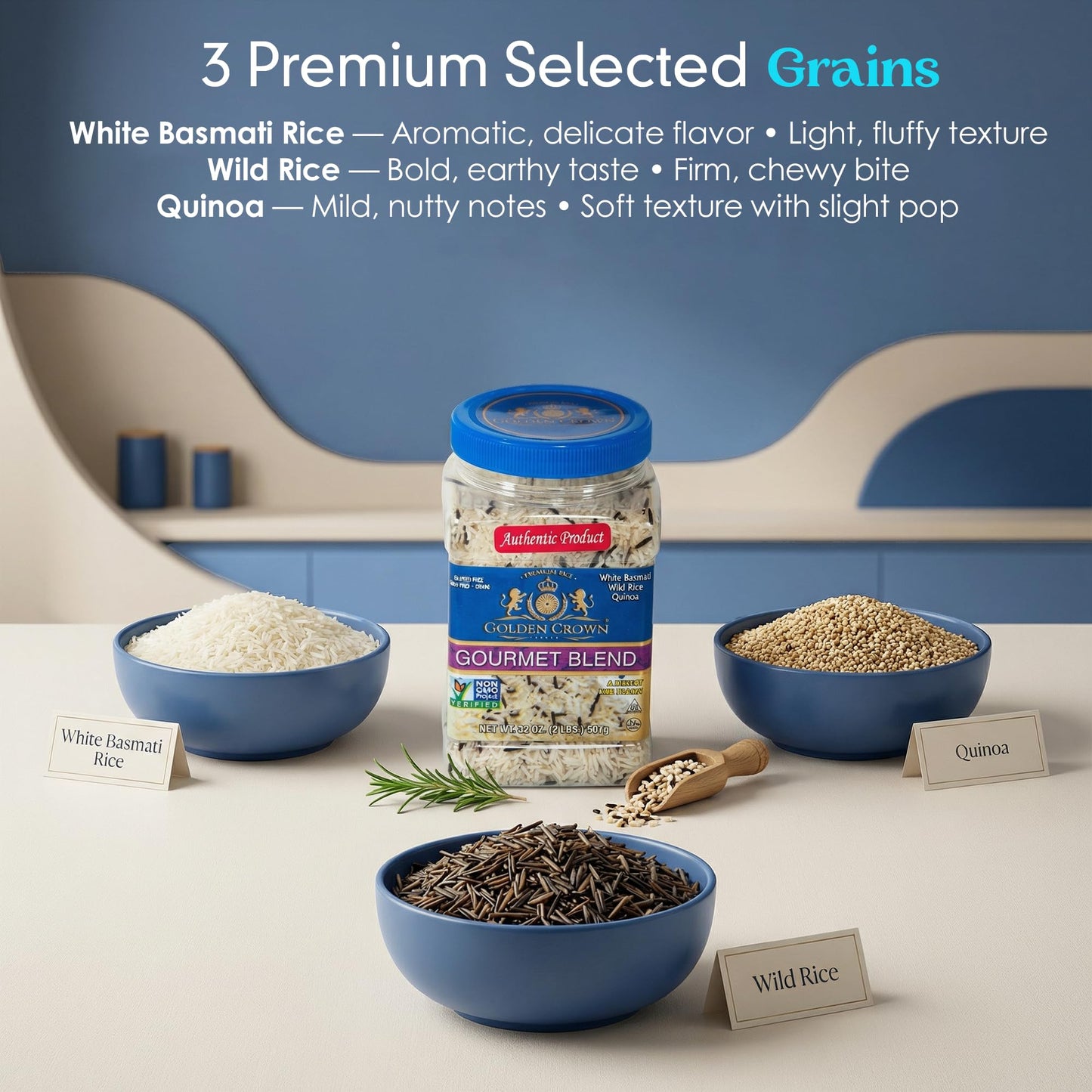 Golden Crown 3-in-1 Multigrain Blend with White Basmati, Wild Rice & Quinoa - Premium Quality, Vegan & GMO Free - Perfect for Rice Dishes, Pilafs, Soups, Stir-Fries & Meal Prep, 32 oz (2 lbs)