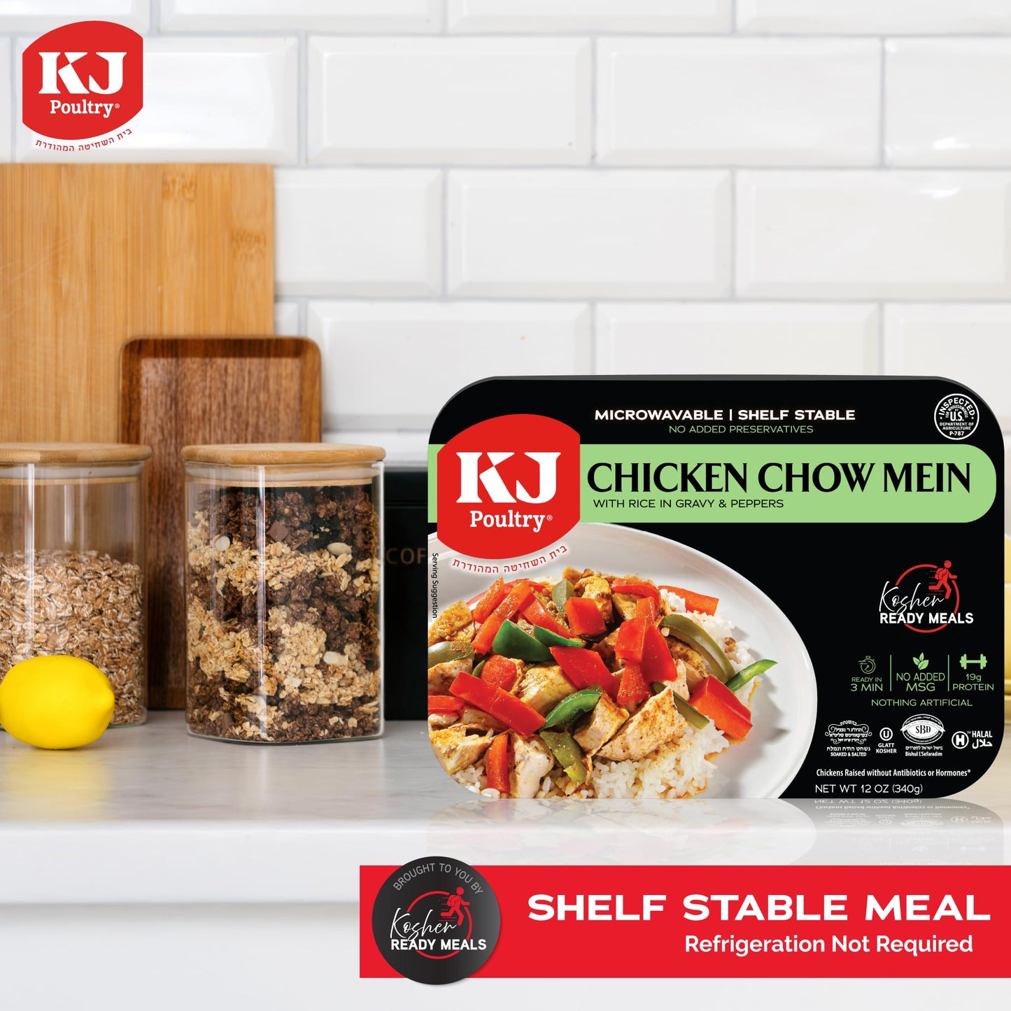 KJ Poultry Kosher Ready Meals - Chicken Chow Mein, MRE Meat Meals Ready to Eat, Gluten Free, Halal, (1 Pack) Prepared Entree Fully Cooked, Shelf Stable Microwave Dinner Travel Military Camping