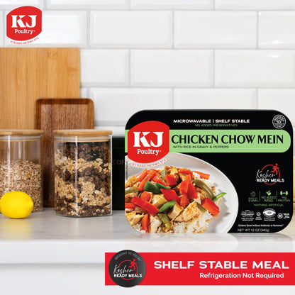 KJ Poultry Kosher Ready Meals - Chicken Chow Mein, MRE Meat Meals Ready to Eat, Gluten Free, Halal, (1 Pack) Prepared Entree Fully Cooked, Shelf Stable Microwave Dinner Travel Military Camping