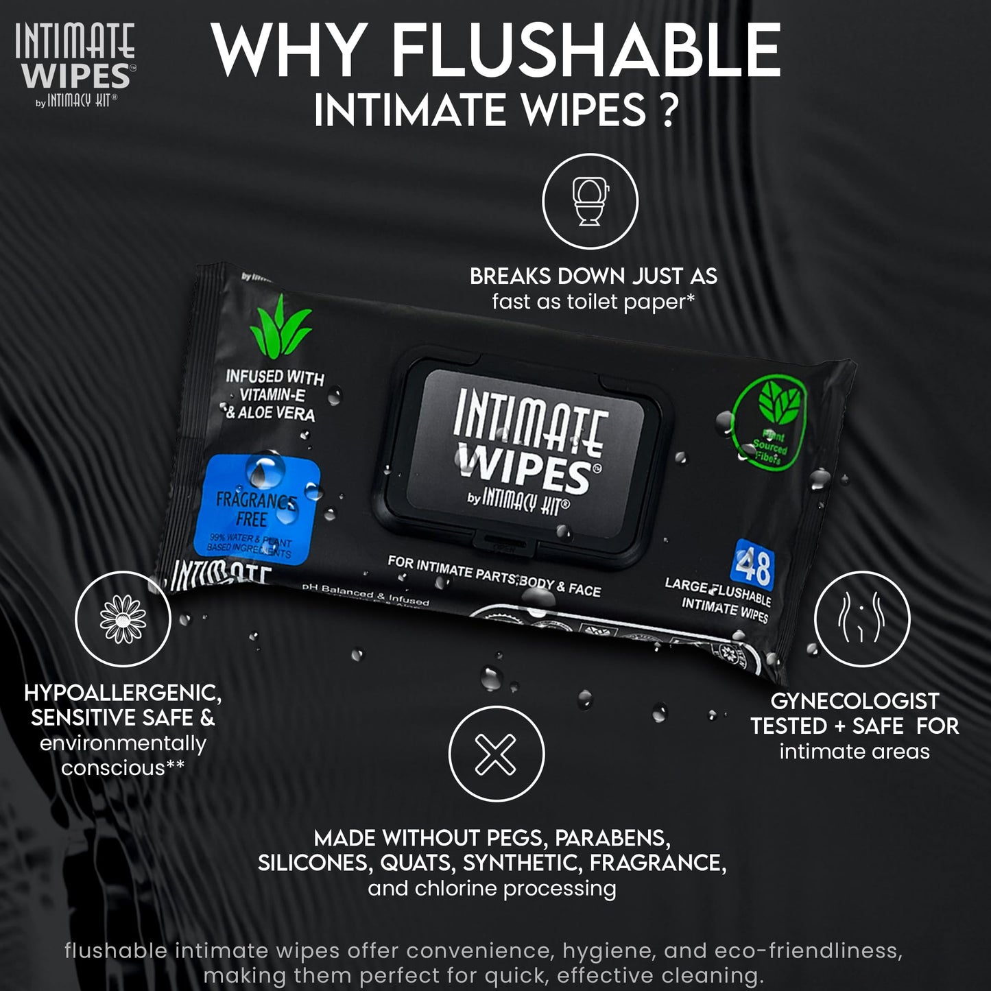 INTIMATE WIPES™ by INTIMACY KIT®, 48 Large Hygiene Wipes, pH Balanced, Hypoallergenic, Fragrance Free, infused with Vitamin-E, Chamomile & Aloe Vera, for Intimate Parts, Body & Face