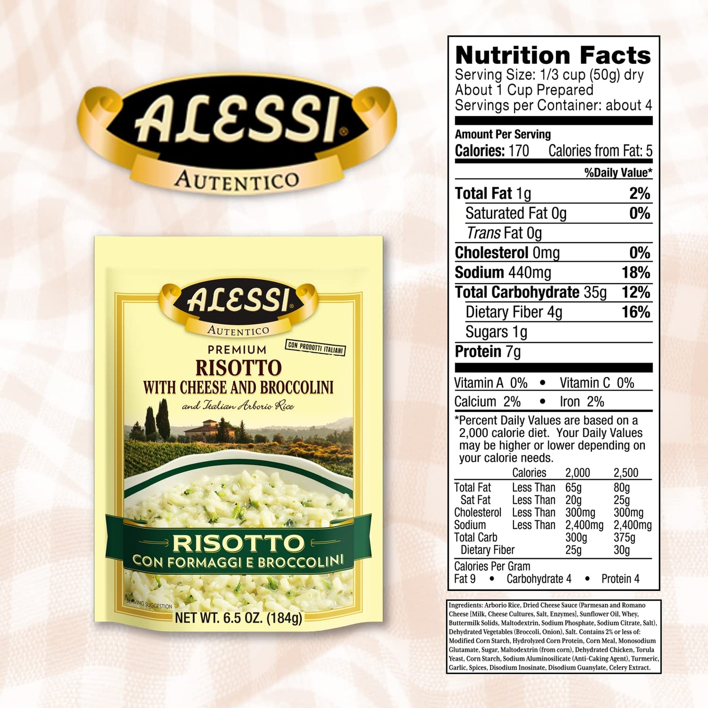 Alessi Autentico, Premium Seasoned Risotto, Italian Arborio Rice, Easy to Prepare, 6.5 Ounce (Cheese & Broccolini, Pack of 6)