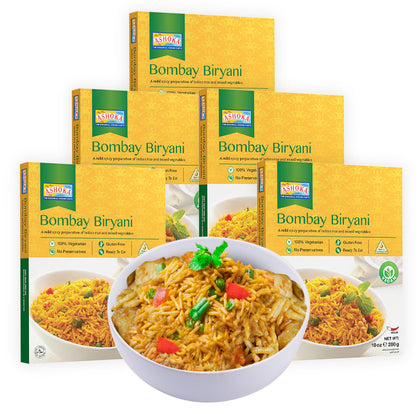 Ashoka Heat & Eat Rice 1932, Vegan Biryani Rice, All-Natural Instant Meals, Bombay Biryani, Kosher Certified Portable Lunch, Made from Aged Basmati Rice, Gluten-Free, No Preservatives, Pack of 5