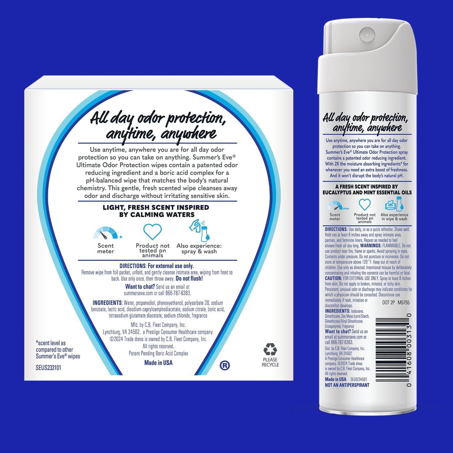 Summer's Eve Ultimate Odor Control Feminine Spray, 2 oz & Wipes with Boric Acid, 12 ct