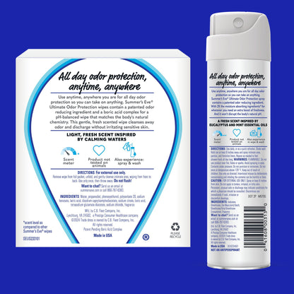 Summer's Eve Ultimate Odor Control Feminine Spray, 2 oz & Wipes with Boric Acid, 12 ct