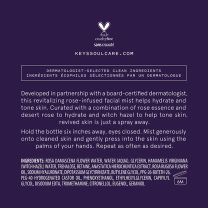 Keys Soulcare Reviving Aura Mist, Revitalizing Facial Spray Hydrates, Tones, Refreshes & Renews Skin, Vegan, Cruelty-Free, Rose Scent, 3.72 Fl Oz