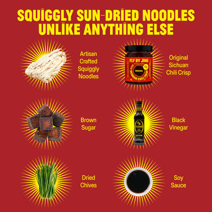 FLYBYJING Chili Crisp Noodles - Sun-Dried, Wavy Asian Instant Noodles Tossed in Sichuan Chili Crisp Sauce - Ready in 6 Minutes - Vegan, High Protein, No MSG, 4.02 oz (Pack of 6)