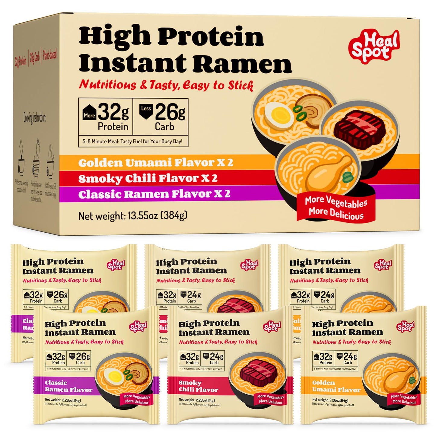 Healspot High Protein Instant Ramen Variety Pack, 6 Pack Non Fried Ramen Broth, 32g Plant Based Protein, Low Fat, Low Carb, Non GMO, Keto Friendly & Plant Based (Golden-Chicken,Smoky-Beef,Classic-Pork）