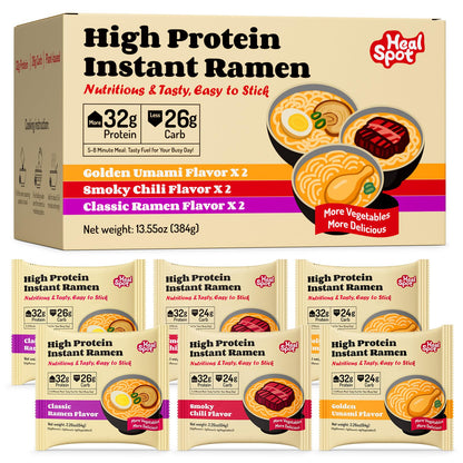 Healspot High Protein Instant Ramen Variety Pack, 6 Pack Non Fried Ramen Broth, 32g Plant Based Protein, Low Fat, Low Carb, Non GMO, Keto Friendly & Plant Based (Golden-Chicken,Smoky-Beef,Classic-Pork）