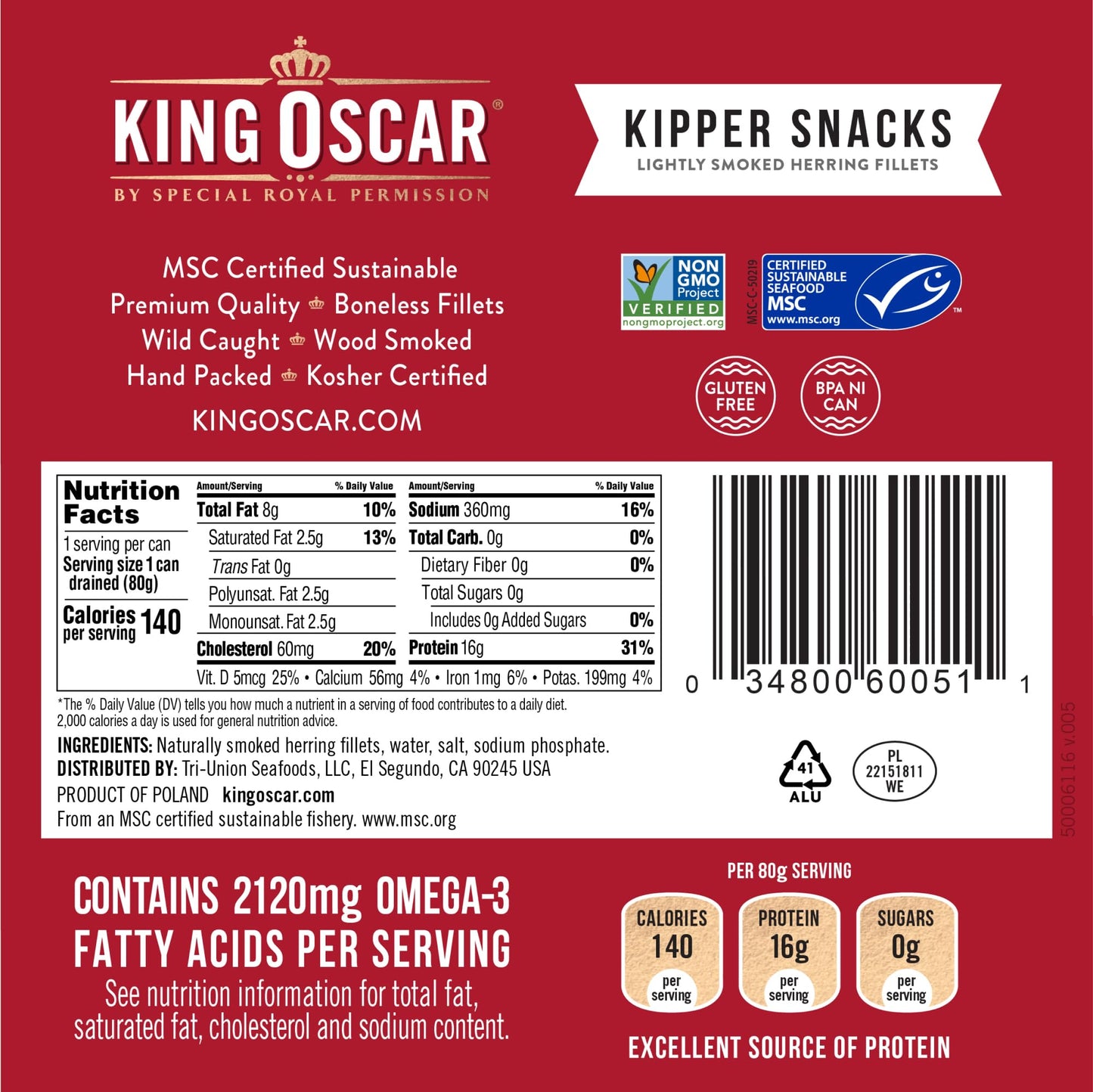 King Oscar Kipper Snacks, 3.54 Ounce Cans (Pack of 12), Lightly Smoked Herring Fillets, Wild Caught Canned Herring