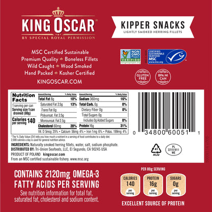 King Oscar Kipper Snacks, 3.54 Ounce Cans (Pack of 12), Lightly Smoked Herring Fillets, Wild Caught Canned Herring